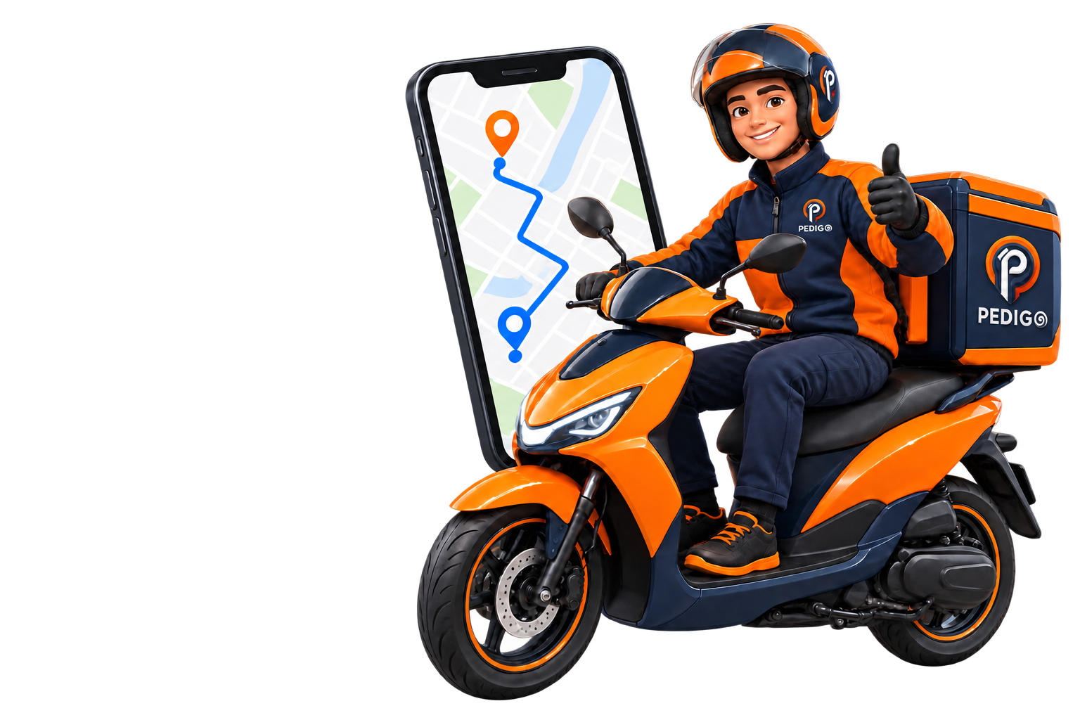 Entregador PediGo em scooter com aplicativo de rota e caixa de entrega identificada